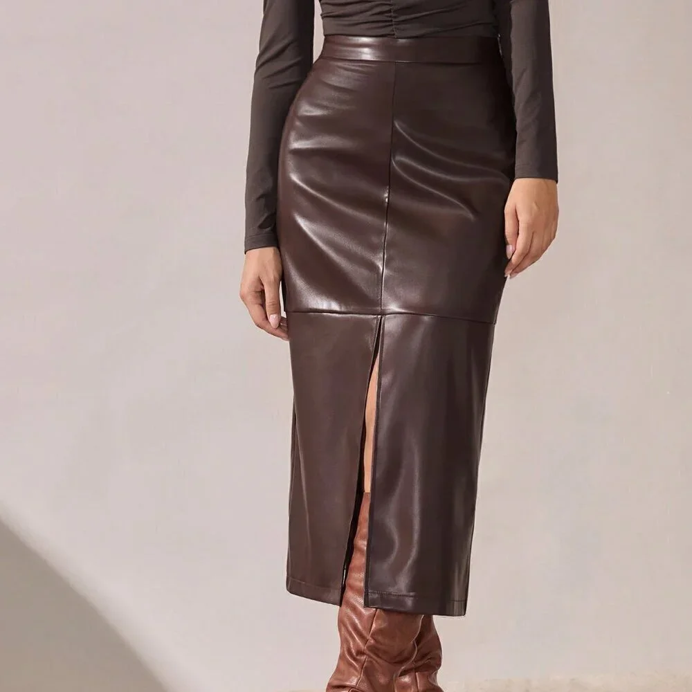 Brown Casual Women's Elegant A-Line Split Hem faux leather Skirt